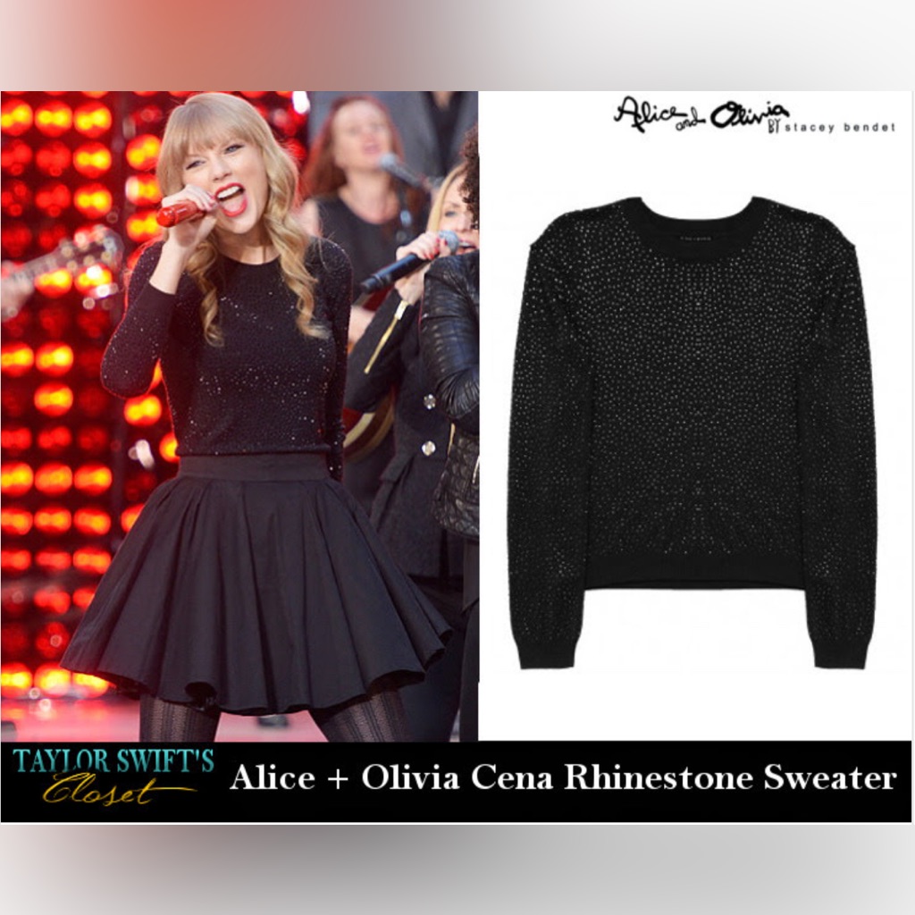 Alice + Olivia Scoop “Cena” Black Rhinestone Sweater As Seen On Taylor Swift M